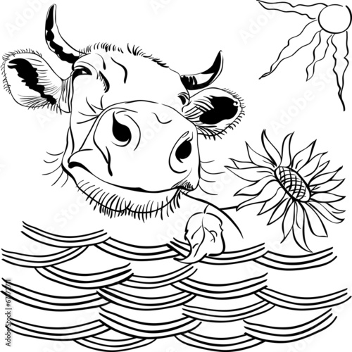 Vector funny cow chewing a flower