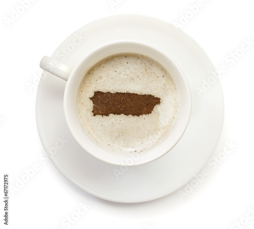Cup of coffee with foam and powder in the shape of Puerto Rico.(