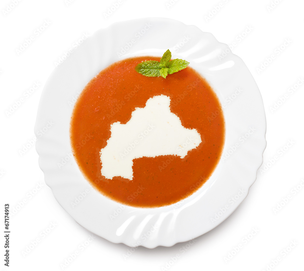 Plate tomato soup with cream in the shape of Burkina Faso.(serie Plate tomato soup with cream in the shape of Burkina Faso.(serie