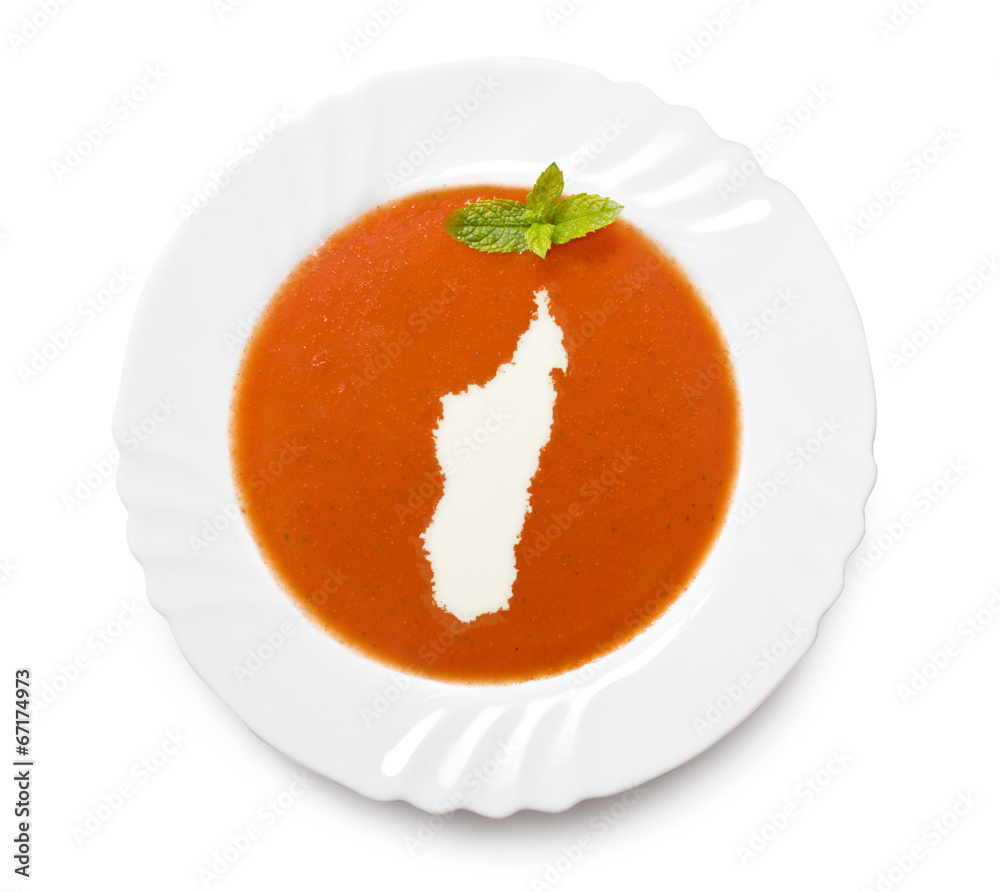 Plate tomato soup with cream in the shape of Madagascar.(series) Plate tomato soup with cream in the shape of Madagascar.(series)