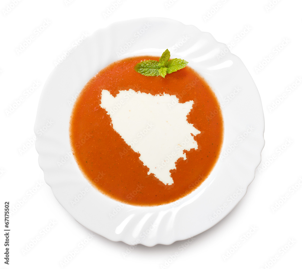 Plate tomato soup with cream in the shape of Bosnia and Herzegov Plate tomato soup with cream in the shape of Bosnia and Herzegov