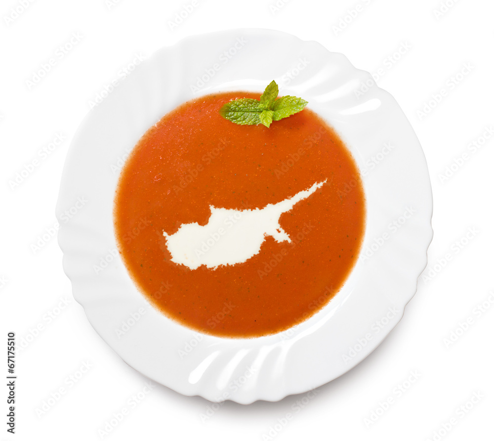 Plate tomato soup with cream in the shape of Cyprus.(series) Plate tomato soup with cream in the shape of Cyprus.(series)
