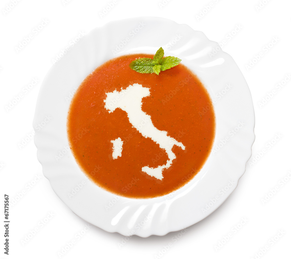 Plate tomato soup with cream in the shape of Italy.(series) Plate tomato soup with cream in the shape of Italy.(series)