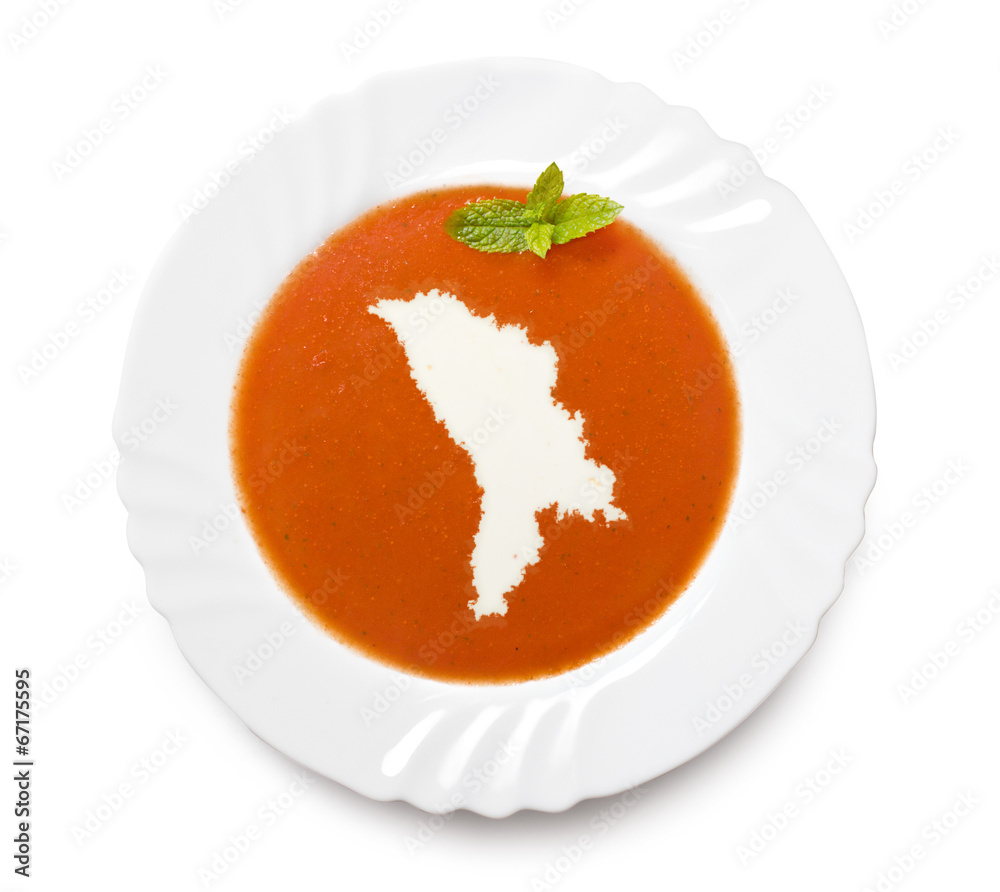 Plate tomato soup with cream in the shape of Moldava.(series) Plate tomato soup with cream in the shape of Moldava.(series)