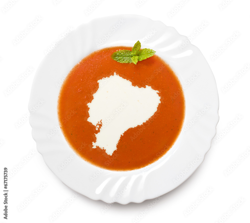 Plate tomato soup with cream in the shape of Ecuador.(series) Plate tomato soup with cream in the shape of Ecuador.(series)