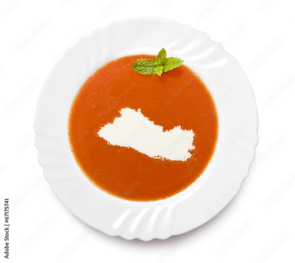 Plate tomato soup with cream in the shape of El Salvador.(series Plate tomato soup with cream in the shape of El Salvador.(series