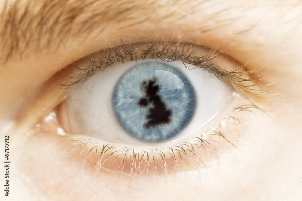 Close-up of an eye with the pupil in the shape of United Kingdom Close-up of an eye with the pupil in the shape of United Kingdom