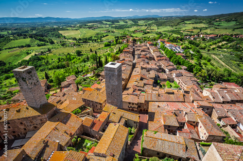View of a green valley in San Gimignano, Italy