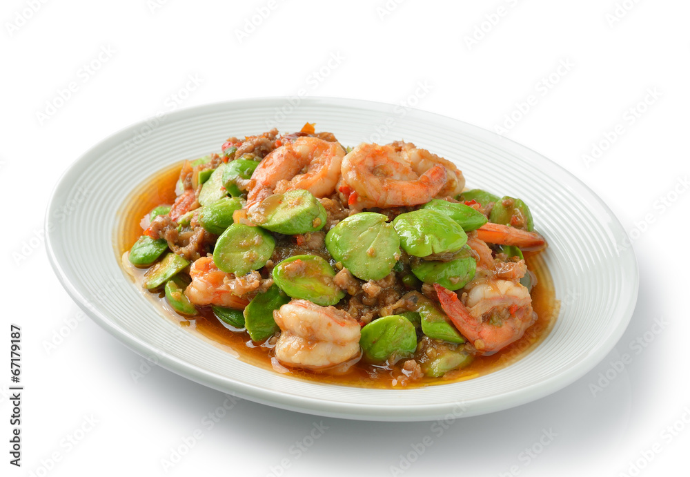 Fried Parkia wth shrimp and source. Fried Parkia wth shrimp and source.
