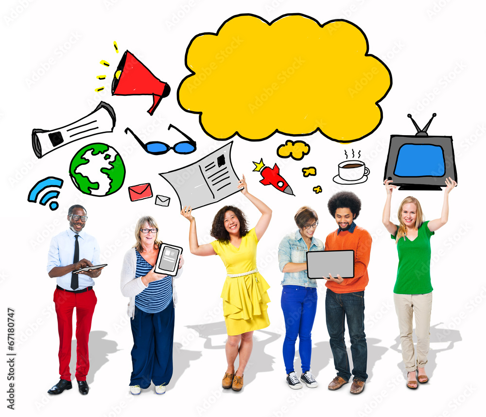Group of People with Speech Bubble and Digital Media Concept Group of People with Speech Bubble and Digital Media Concept