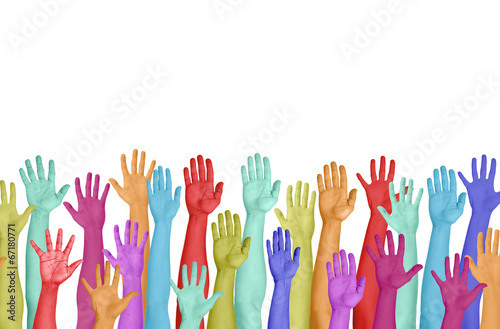 Colorful Hands Raised On White Background