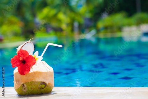 exotic fresh coconut shake and flower by the tropical pool