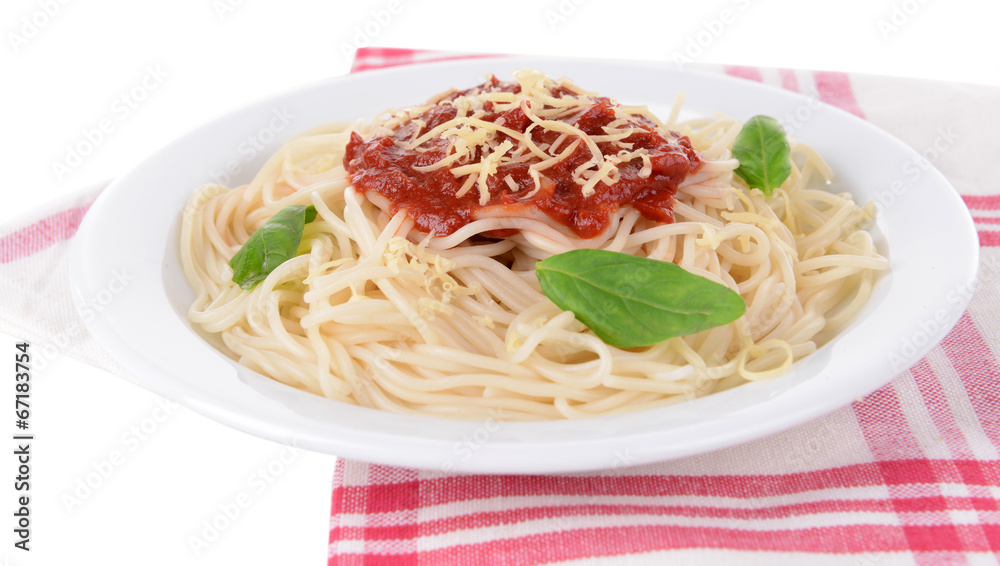 Pasta with tomato sauce on plate on table close-up Pasta with tomato sauce on plate on table close-up