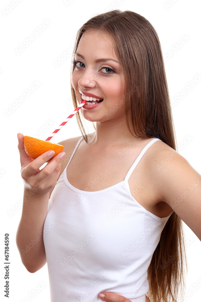 Beautiful girl with juice, isolated on white Beautiful girl with juice, isolated on white