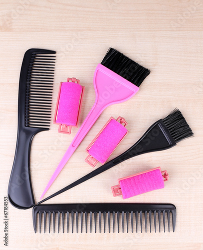 Professional hairdresser tools - comb, scissors and curlers