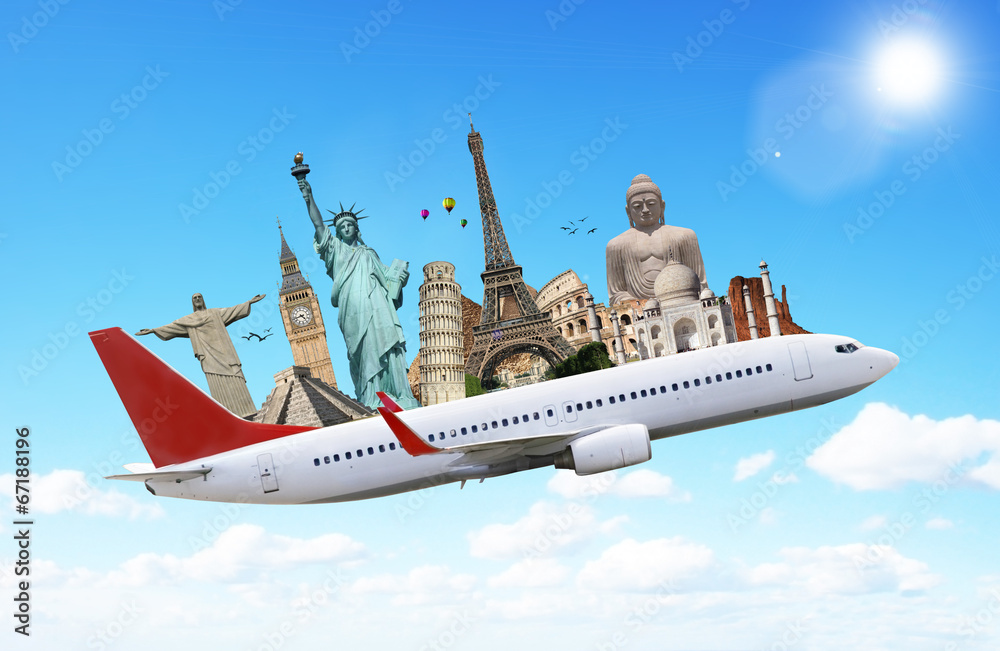 Travel the world monuments plane concept
