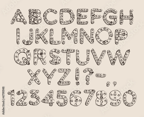 mechanical meccano font (type) engraved, hand drawn