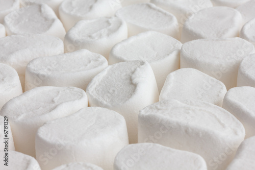 Many white marshmallows neatly arranged.
