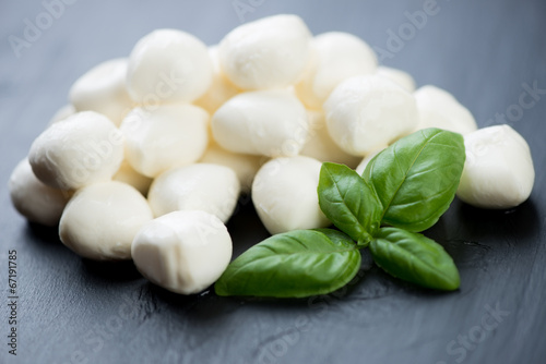 Close-up of mini mozzarella balls with green basil, studio shot