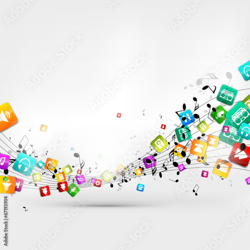 Abstract music background with notes and app icons