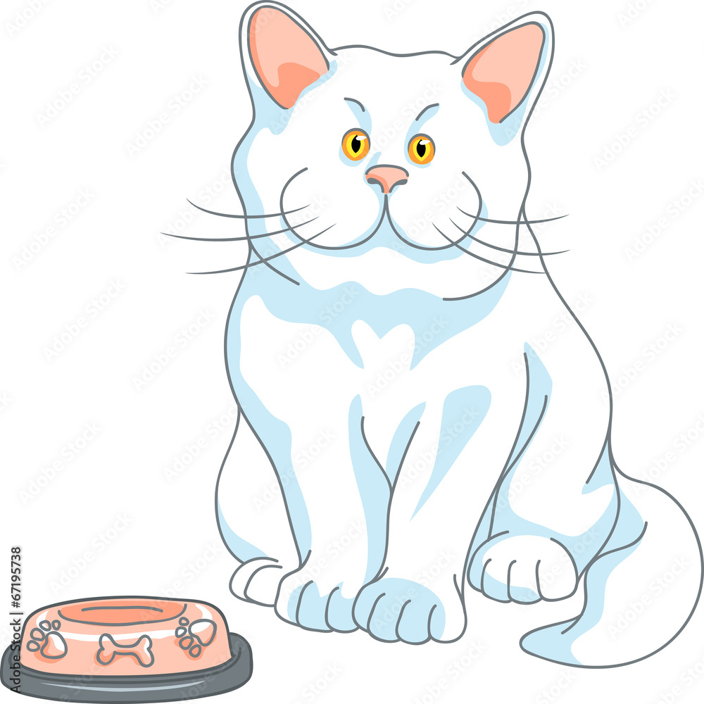 Obraz premium vector hungry cute white cat with empty bowl