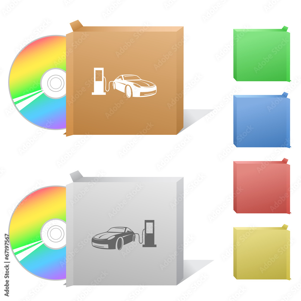 Car fueling. Box with compact disc. Car fueling. Box with compact disc.