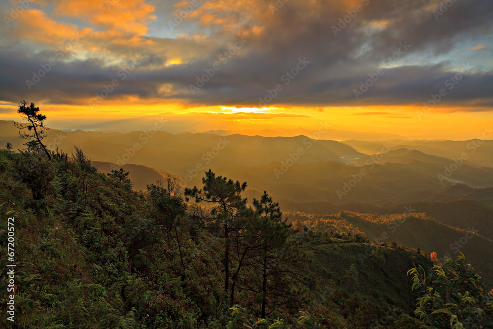 Majestic sunrise in the mountains landscape. Dramatic sky in Tha