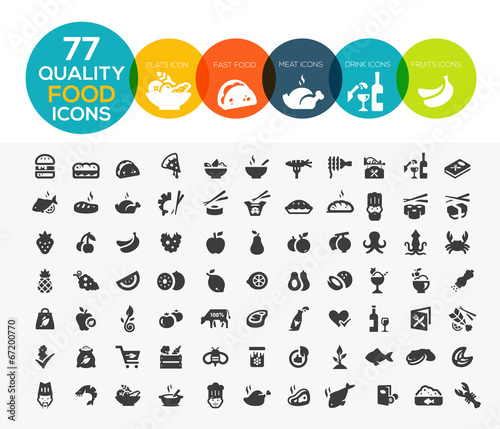 77 High quality food icons, including meat, vegetable, fruits, s