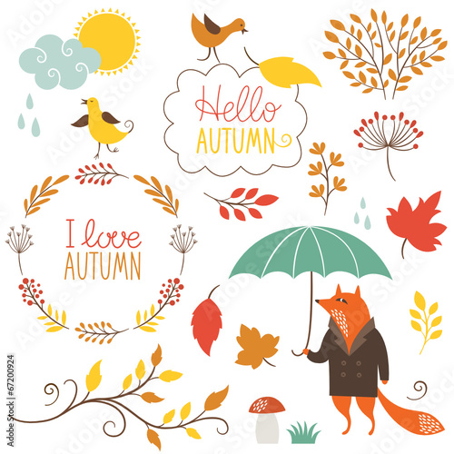 set of cartoon characters and autumn elements