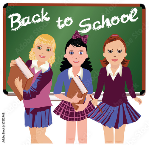 Back to School. Three cute schoolgirls  vector illustration