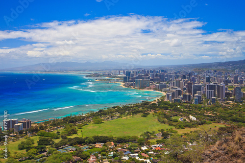 Panorama view of Honolulu and Waikiki beach from Diamond Head