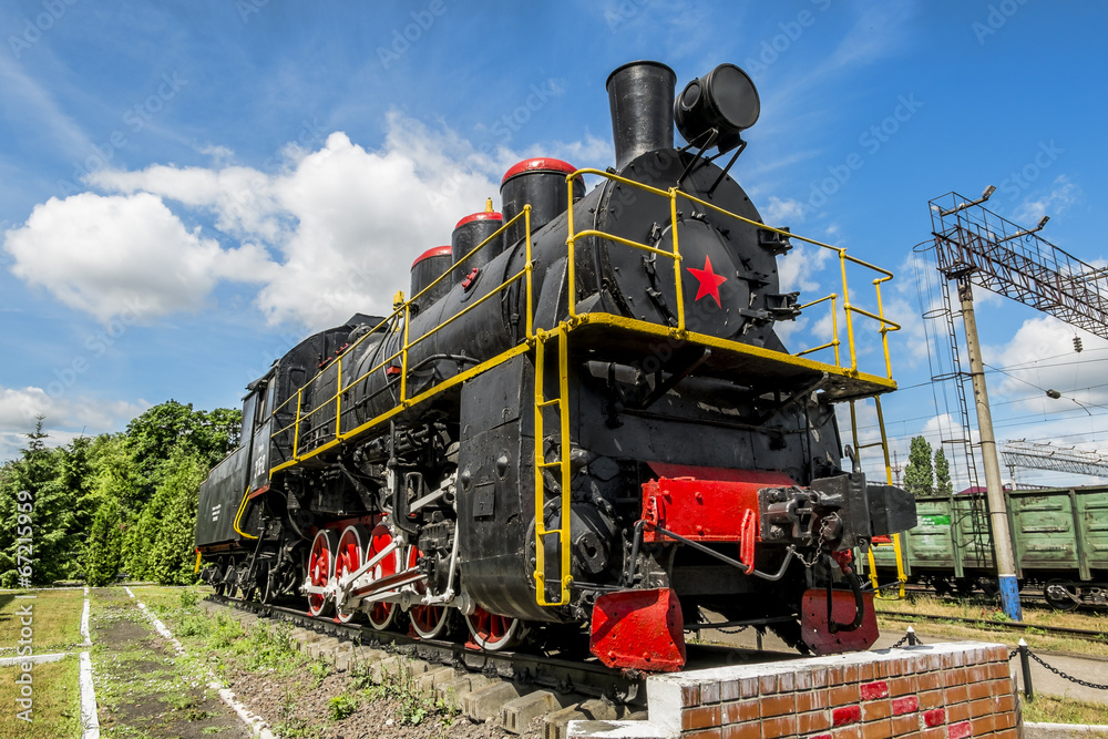 Old steam locomotive on the pedestal in the Yelets  locomotive D