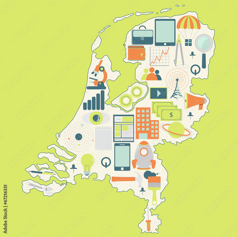 Map of Netherlands with technology icons Map of Netherlands with technology icons