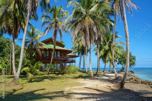 Tropical beach house with coconut trees © dam