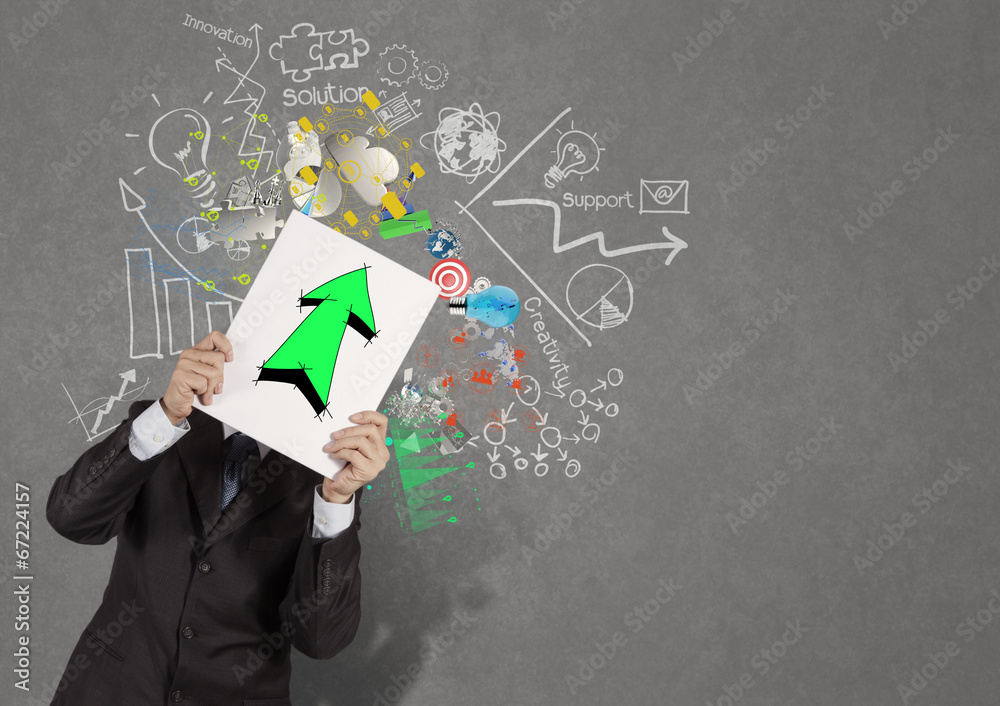 businessman holding book with green up arrow on business strateg businessman holding book with green up arrow on business strateg