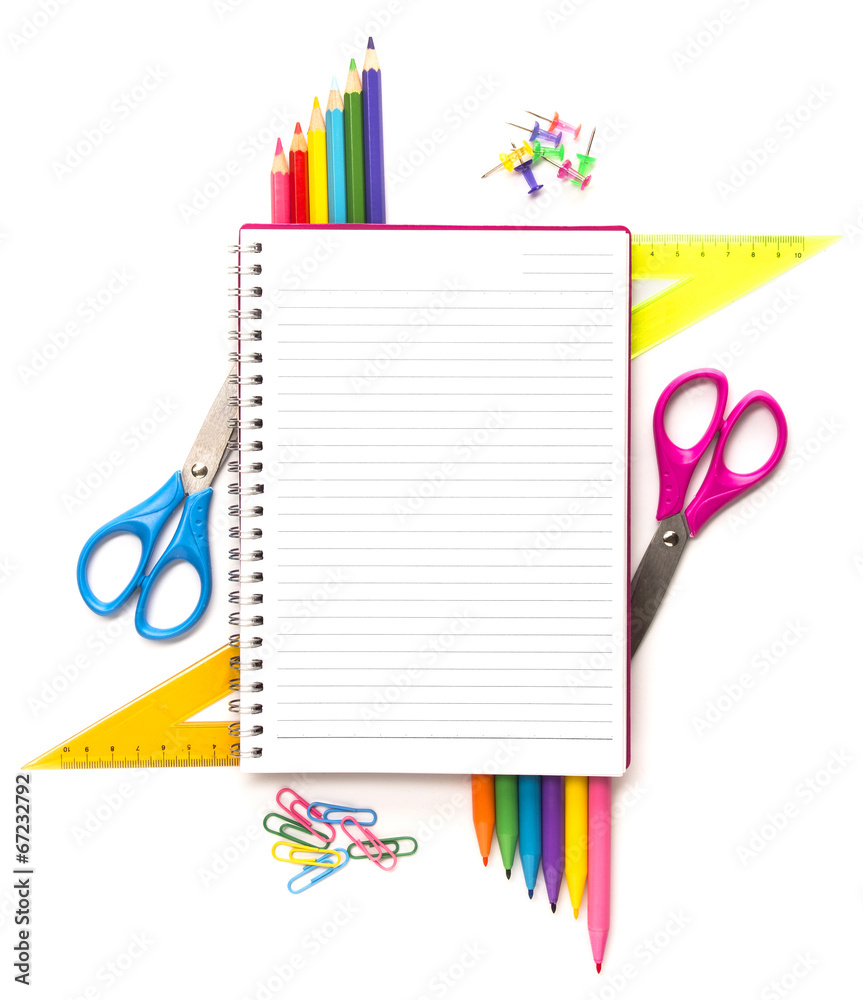 Notebook with stationary objects Notebook with stationary objects
