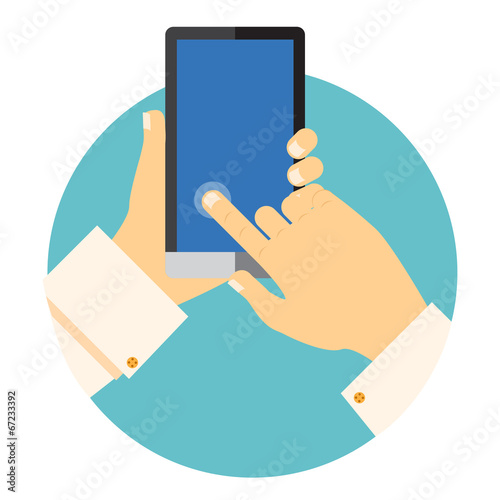Hands holding a mobile phone circular icon