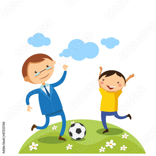 Dad and boy playing soccer (football)