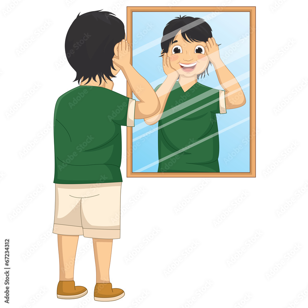 Vector Illustration Of A Little Boy Looking Himself On Mirror Stock