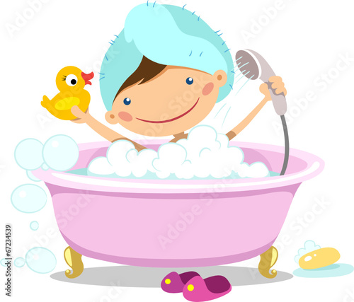 Illustration of a girl takes a bath with a rubber duck