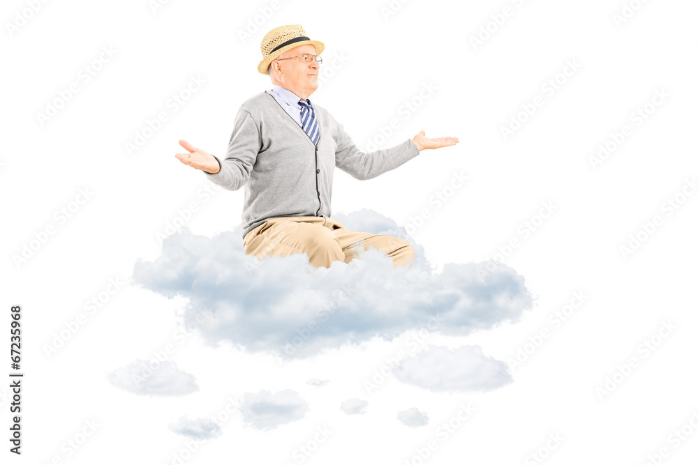 Senior man gesturing with hands seated on a cloud Senior man gesturing with hands seated on a cloud