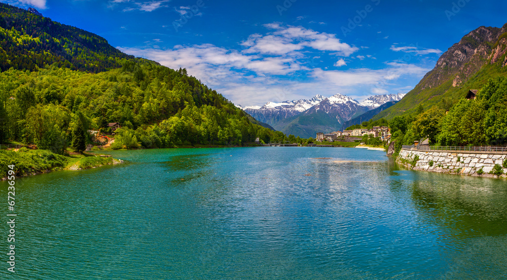 View of the lake near Villa Di Chiavenna, Alps, Italy.