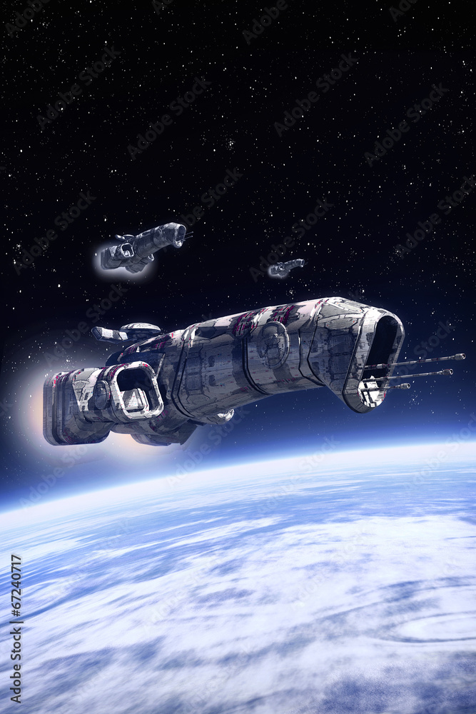 Spaceship on patrol over a planet Spaceship on patrol over a planet