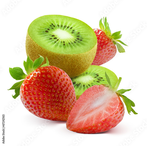 Kiwi slices and fresh strawberry isolated on white background