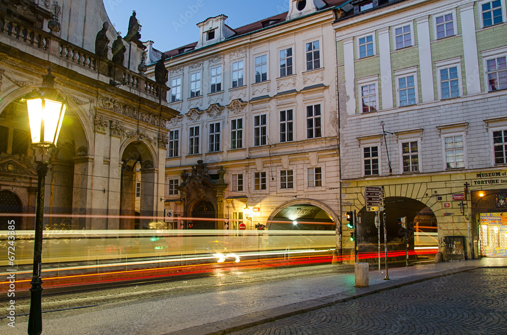 tram at night in Prague