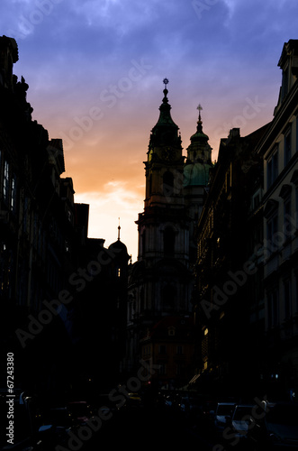 Prague spires in the sunset light  silhouette