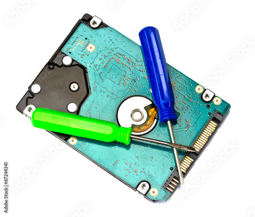 computer hard disk drive on white with a screwdriver