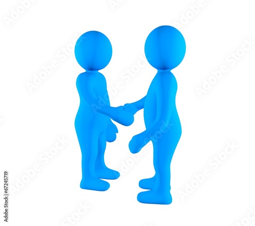 Two 3d partners are shaking hands on white background