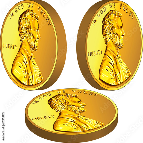 Vector Gold American money coin with Lincoln from different angl