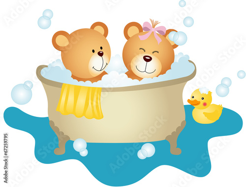 Couple teddy bear taking a bath
